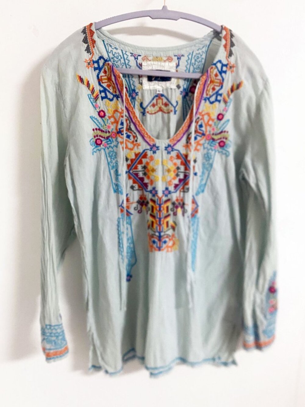 Johnny Was Biya Embroidered Floral Tunic Boho Blue Shirt Blouse